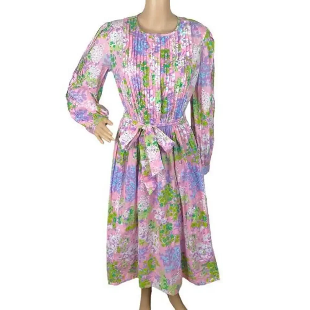 Vintage 1960s Star of Siam Jeanoel Haxo Cotton Midi Dress Prairie Pockets Sz 10